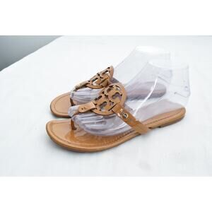 Tory Burch Miller Womens 8 Tan Brown Sandals Slip On Logo Flip Flop